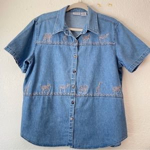 Blue and Cream Animal Button Down Shirt- Cabin Creek